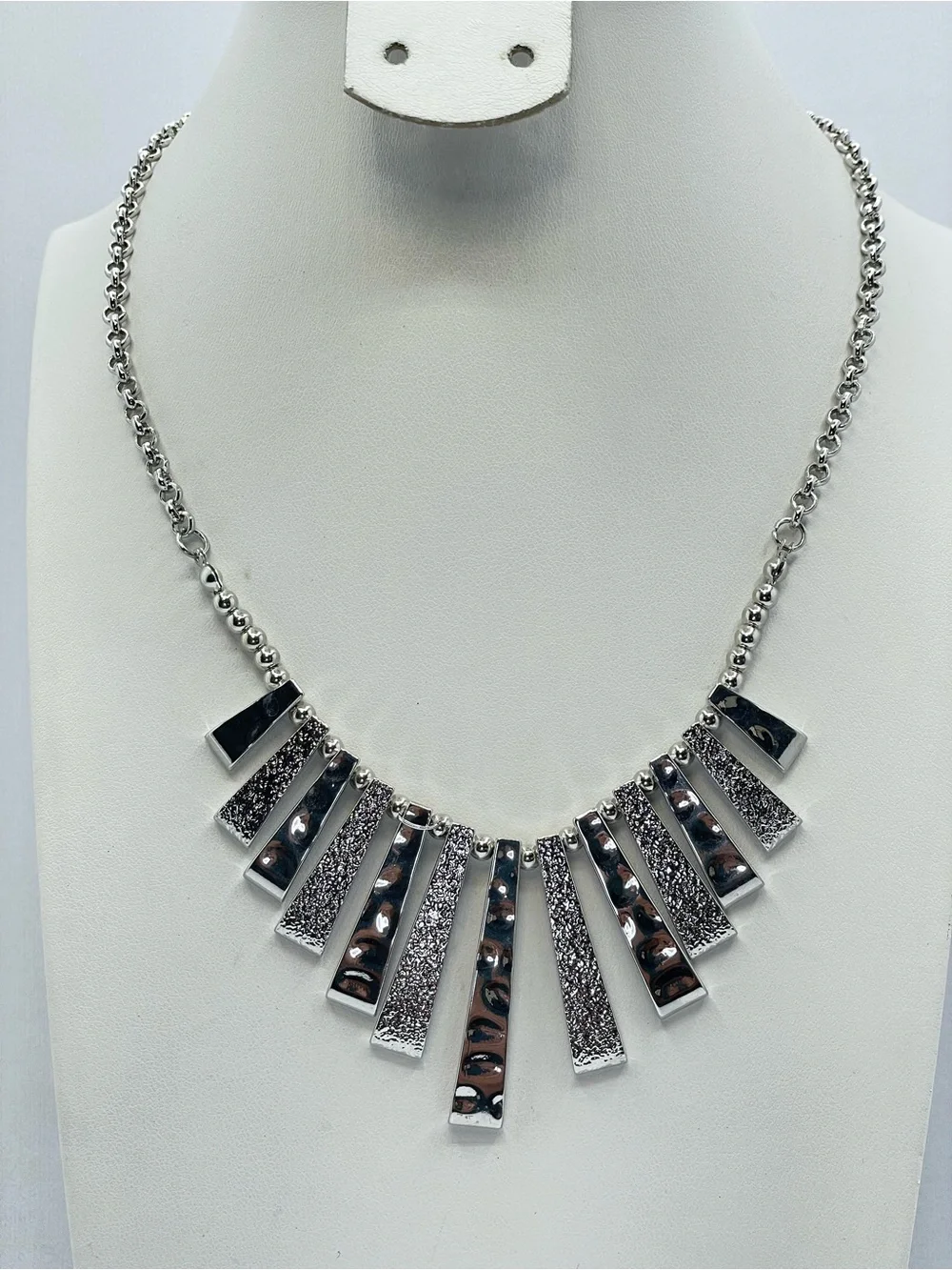 Silver Tone Fringe Bar Statement Necklace Textured Modern Bib